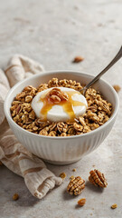 Granola Bowl Delight: A visually appealing close-up showcases a delightful bowl of granola, adorned with creamy yogurt, a drizzle of golden syrup, and a sprinkling of walnuts.