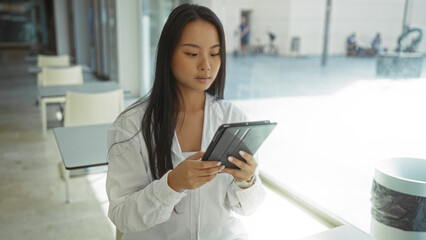 Young woman using tablet in a modern office setting with sunlight streaming through large windows.