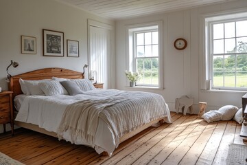 Bright bedroom with wooden floors, large windows, and a comfortable bed.