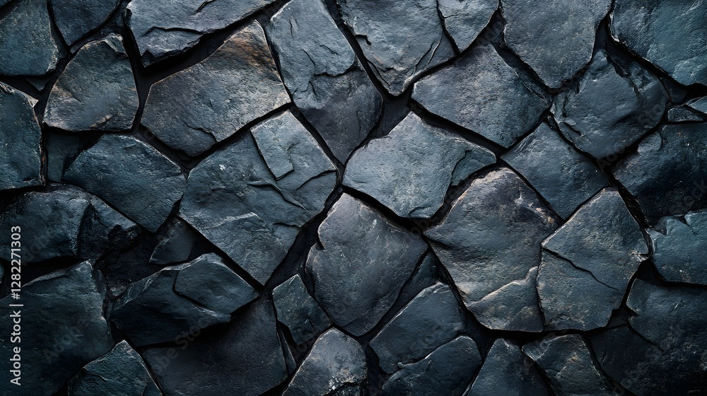 Poster close-up view of a dark blue stone wall texture. the stones are irregular in shape and size, creatin