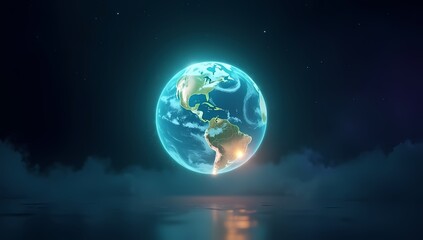 Fototapeta premium Blue shining translucent planet earth against a dark background surrounded a tiny bit of haze.