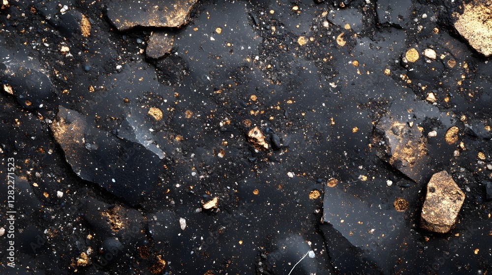 Poster close-up of dark, textured rock with gold accents, an abstract and luxurious visual. ideal for backg