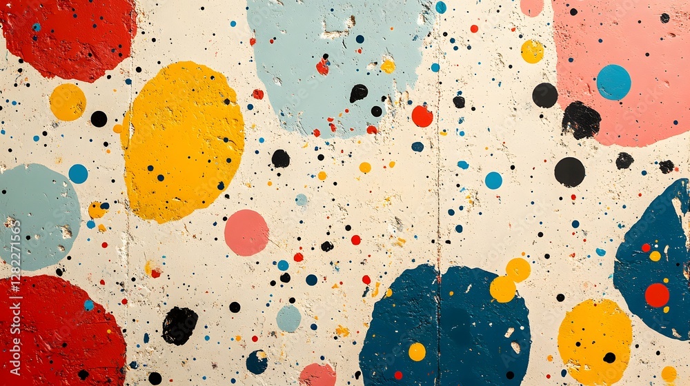 Poster a vibrant abstract artwork featuring colorful paint splatters and spots on a textured surface. the c