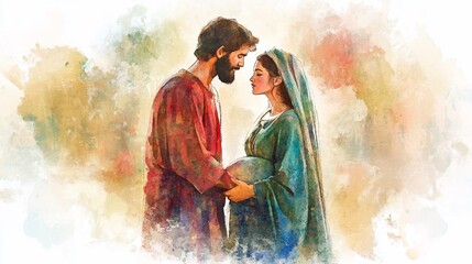Obraz premium Pregnant woman, man, love, watercolor, biblical, hope, artwork, spiritual, gentle, background