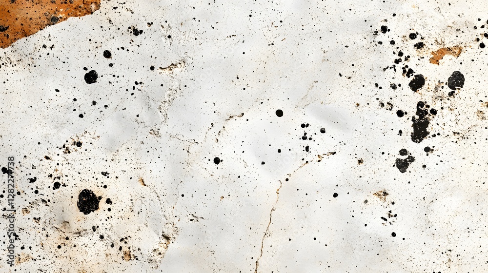 Poster Close-up of an abstract textured surface featuring a dominant white background with black and brown splotches. Abstract Speckled Texture: A Study in White, Black, and Brown