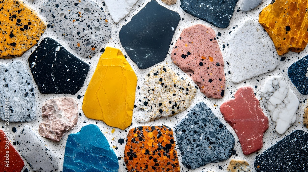 Poster close-up view of a vibrant mosaic made of various colored pebbles. vibrant colorful pebbles mosaic t