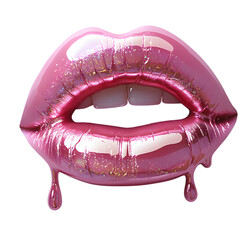 Close-up of glamorous pink glossy lips with glitter details and a dripping effect