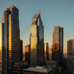 Modern city skyline with reflective glass skyscrapers at golden hour sunset urban architecture and business district