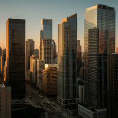 Obraz premium Modern city skyline with reflective glass skyscrapers at golden hour sunset urban architecture and business district
