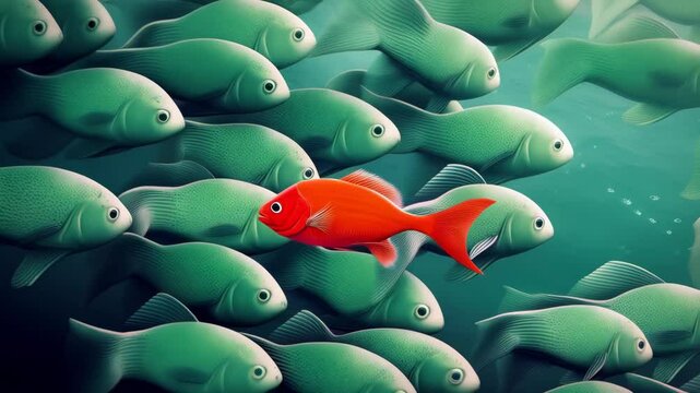 Think differently conceptual illustration. Red fish swimming in opposite way