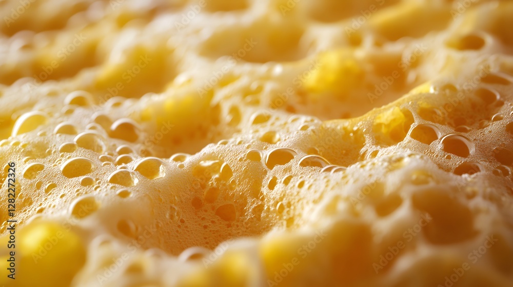 Poster a close-up image showcasing the texture of a bubbly, golden liquid. close-up of bubbly, golden liqui