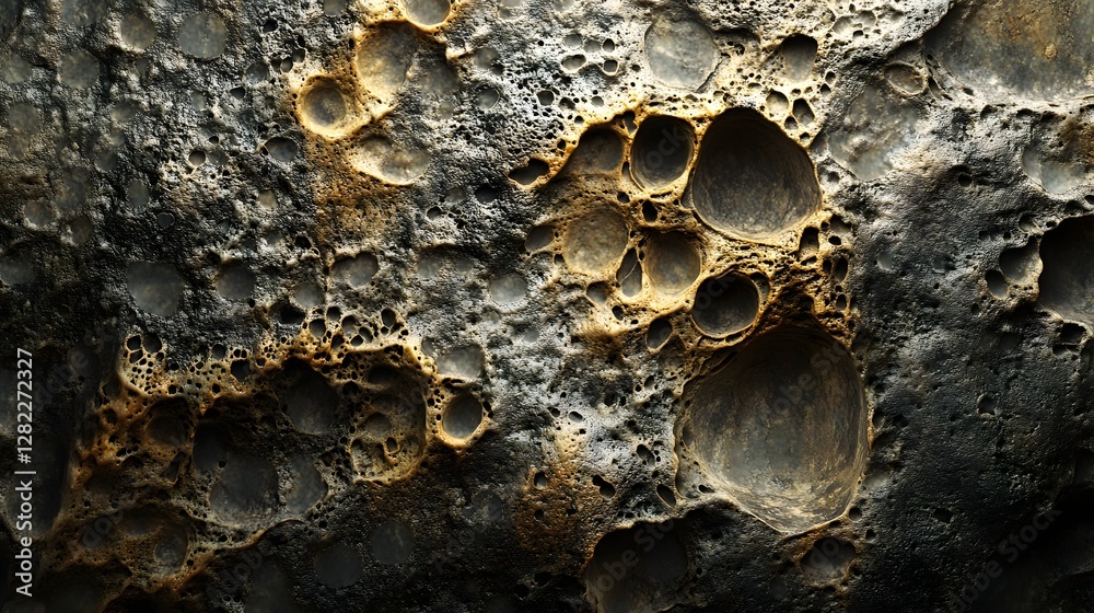 Poster Close-up view of a rock surface resembling the moon's texture with craters and a unique color combination. Lunar Surface Texture: A Close-Up of Cratered Rock