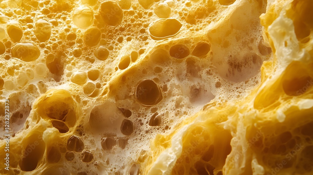 Poster close-up macro shot of a golden honeycomb-like texture with air bubbles and variations in lighting. 