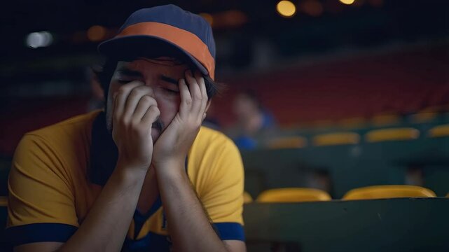 Soccer fan crying alone in empty stadium after match