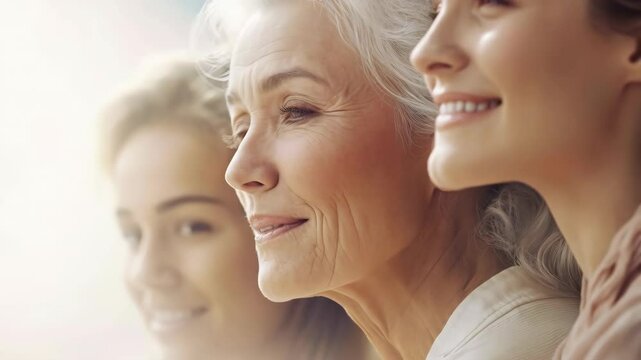 Side view portrait of three generations of women. Female empowerment