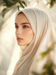 Fototapeta premium Portrait of Woman in Light Hijab with Soft Natural Background