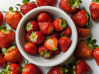 Juicy Strawberries in a Bowl: A vibrant close-up captures the freshness of ripe strawberries overflowing from a crisp bowl. The bright red berries, glistening with natural moisture.