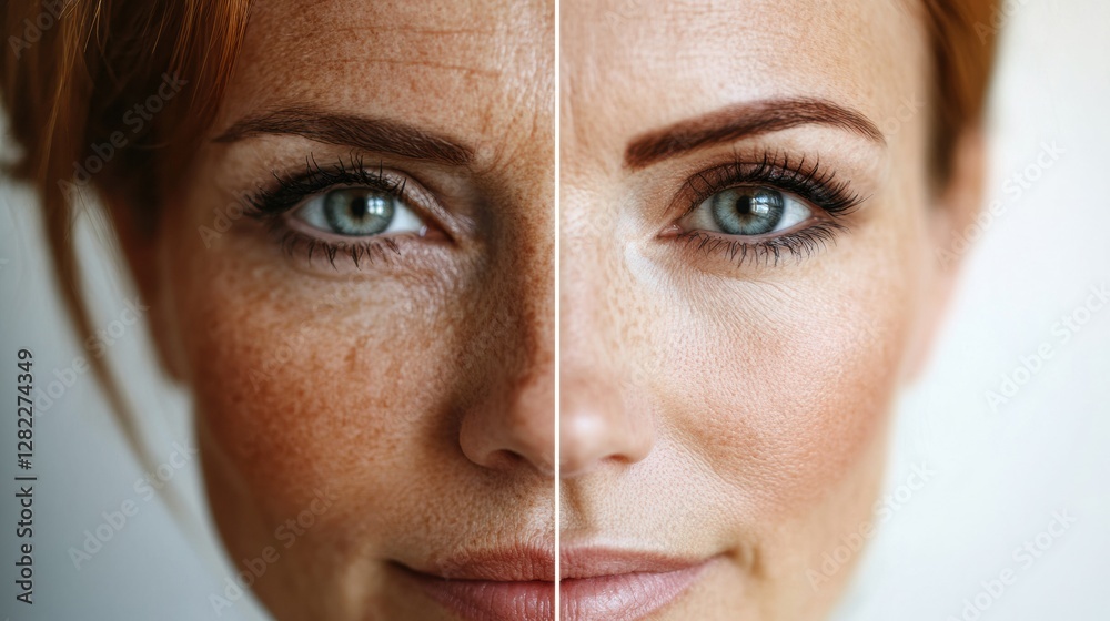 Leinwandbilder Woman showcasing age contrast with visible wrinkles on one side and smooth skin on the other side in split screen view. Generative AI