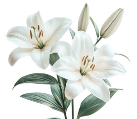 Obraz premium Elegant White Lily Flowers with Leaves Isolated on White Background