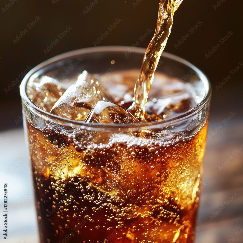 Poster Refreshing beverage being poured into a glass filled with ice at a casual setting during daytime. Generative AI