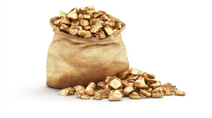 Golden Nugget Pile in Burlap Bag on White Background