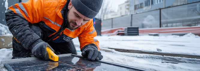 Fototapeta premium worker in orange jacket carefully tests alignment of paving slabs in snowy environment, showcasing dedication and precision
