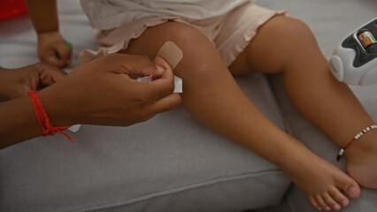 Woman applying bandage to girl's injured knee indoors in comforting home environment.