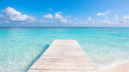 Obraz premium Tropical beach, wooden pier, turquoise water, sunny sky, vacation