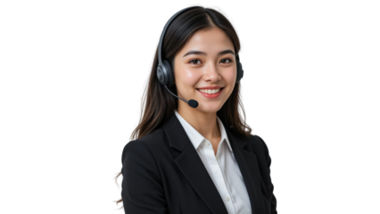 Portrait of a female call center operator, approachable smile and is wearing a sleek, modern headset with a microphone isolated on white background. PNG file