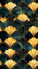 Art deco inspired symmetrical pattern, 1920s wallpaper motif, gold and teal, hexagonal shapes, elegant repeating design