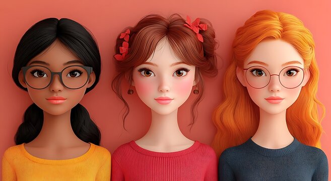 Three Stylish Dolls with Unique Hairstyles Against a Vibrant Orange Background

