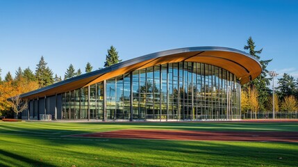 Fototapeta premium Modern Aquatic Center, Sunny Day, Green Field