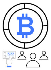 Bitcoin symbol in a segmented circular frame, hand interacting with control panel, and three human outlines. Ideal for digital currency, blockchain, teamwork, community, fintech, technology abstract