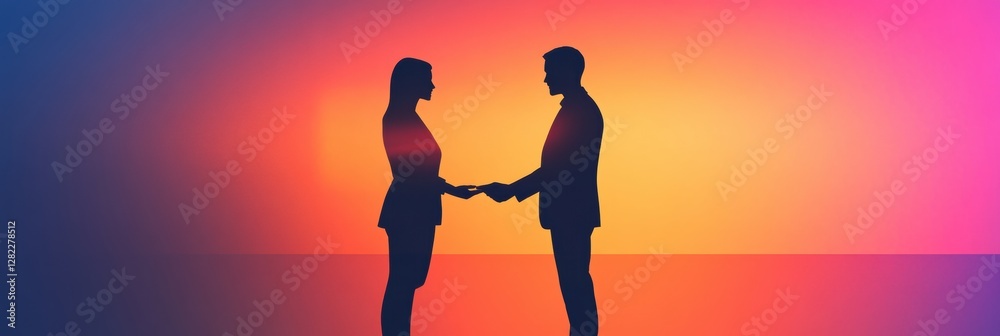 Aufkleber silhouettes of two individuals sealing a business agreement in an abstract colorful setting during s