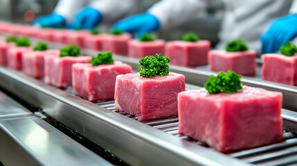 Raw wagyu beef blocks on stainless steel conveyor belt in modern Japanese meat processing plant Workers in white uniforms and blue gloves handle beef with care Symbolizes hygiene precision quality