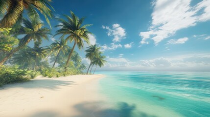 Obraz premium Tropical beach paradise sunny day, palm trees, turquoise ocean. Perfect for travel brochures