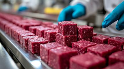 Raw wagyu beef blocks on stainless steel conveyor belt in modern Japanese meat processing plant Workers in white uniforms and blue gloves handle beef with care Symbolizes hygiene precision quality