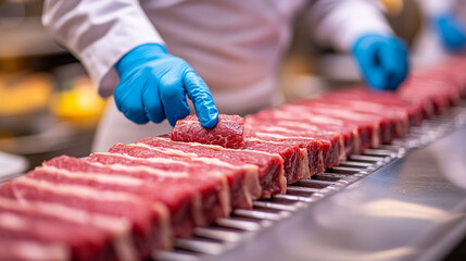 Raw wagyu beef blocks on stainless steel conveyor belt in modern Japanese meat processing plant Workers in white uniforms and blue gloves handle beef with care Symbolizes hygiene precision quality