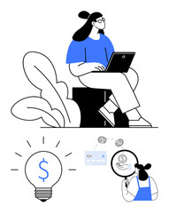 Person sitting with laptop, leaves in background, dollar sign inside light bulb, credit card and coins, hand with magnifying glass observing coin. Ideal for business plans, e-commerce, financial