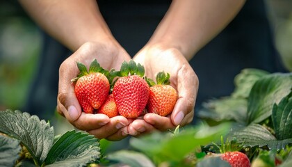 hands with fresh strawberries in the garden. Generated image