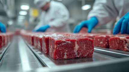 Raw wagyu beef blocks on stainless steel conveyor belt in modern Japanese meat processing plant Workers in white uniforms and blue gloves handle beef with care Symbolizes hygiene precision quality