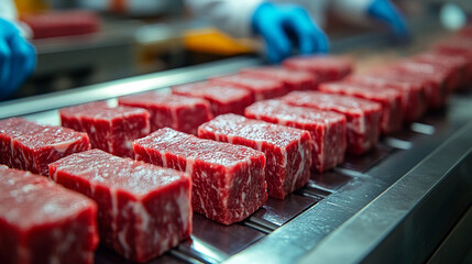 Raw wagyu beef blocks on stainless steel conveyor belt in modern Japanese meat processing plant Workers in white uniforms and blue gloves handle beef with care Symbolizes hygiene precision quality