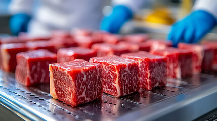 Raw wagyu beef blocks on stainless steel conveyor belt in modern Japanese meat processing plant Workers in white uniforms and blue gloves handle beef with care Symbolizes hygiene precision quality