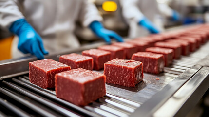 Raw wagyu beef blocks on stainless steel conveyor belt in modern Japanese meat processing plant Workers in white uniforms and blue gloves handle beef with care Symbolizes hygiene precision quality