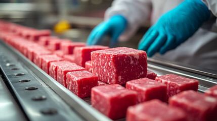 Raw wagyu beef blocks on stainless steel conveyor belt in modern Japanese meat processing plant Workers in white uniforms and blue gloves handle beef with care Symbolizes hygiene precision quality