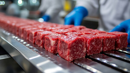 Raw wagyu beef blocks on stainless steel conveyor belt in modern Japanese meat processing plant Workers in white uniforms and blue gloves handle beef with care Symbolizes hygiene precision quality