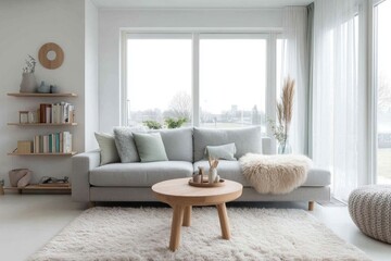 Fototapeta premium Bright living room with grey sofa, wooden coffee table, and large windows.