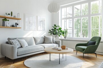 Bright living room with grey sofa, green armchair, and large window.
