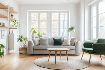 Bright living room with light grey sofa, green armchair, and wooden coffee table.