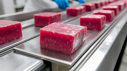 Raw wagyu beef blocks on stainless steel conveyor belt in modern Japanese meat processing plant Workers in white uniforms and blue gloves handle beef with care Symbolizes hygiene precision quality